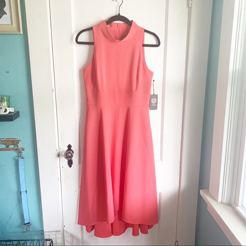 Vince Camuto Laguna Crepe Halter Mock Neck High Low Sleeveless Dress Coral NWT 8